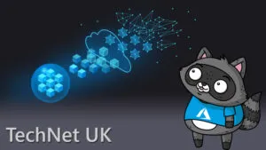 A drawing that represents the cloud and AI, next to an image of Bit the Raccoon on the right.