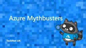The text "Azure Mythbusters", to the left of an illustration of Bit the Raccoon.