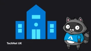 An illustration of a school, next to an illustration of Bit the Raccoon.