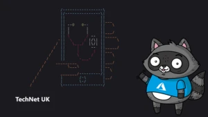 An image of a mobile phone with a stethoscope on screen made with ASCII art, next to an illustration of Bit the Raccoon.