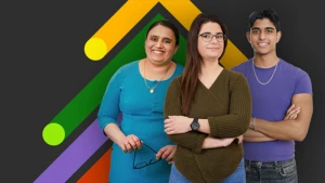 Two women and one man stand in front of a digital graphic background.