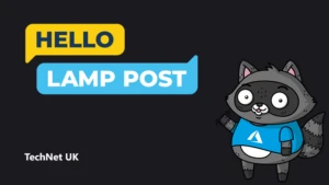 The Hello Lamp Post logo next to an illustration of Bit the Raccoon.