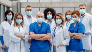 Group of nurses and doctors with facemasks