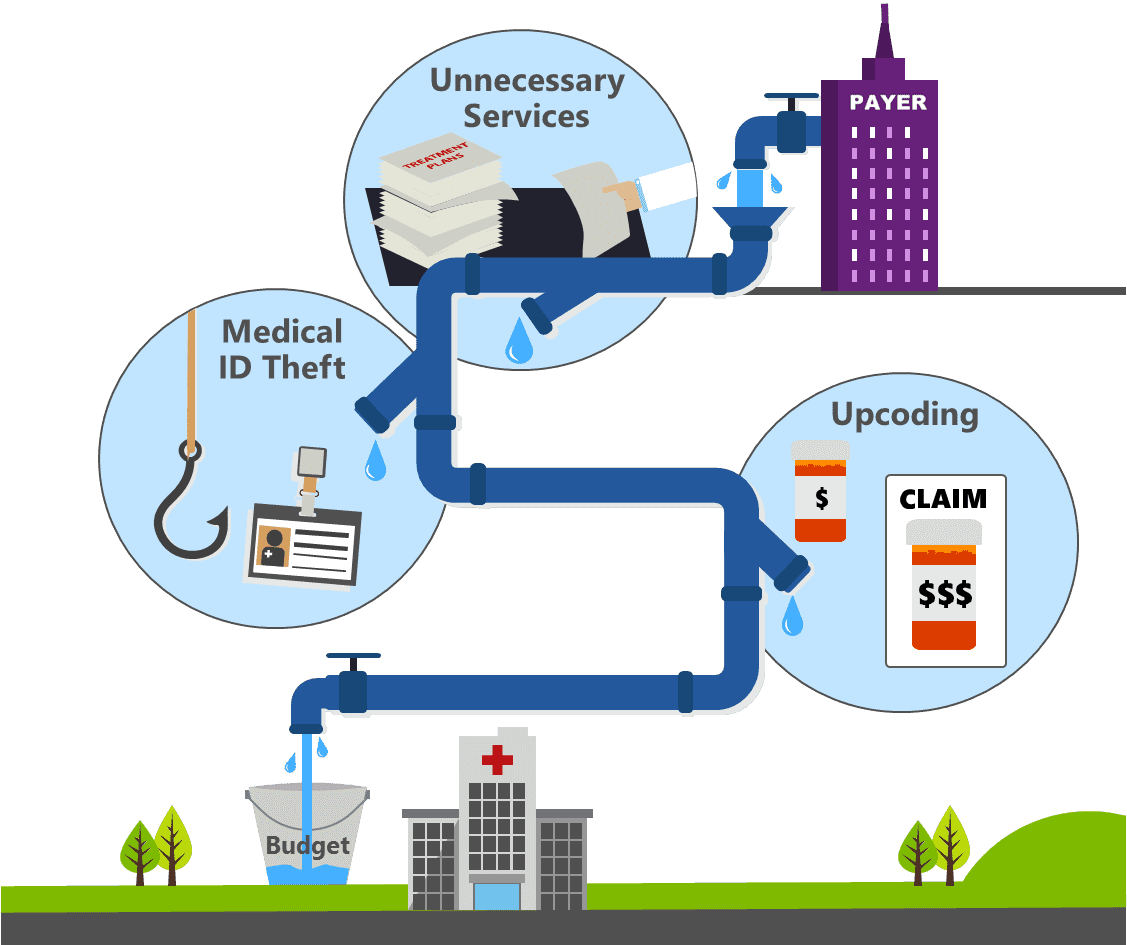 Healthcare fraud infographic of the flow from the payer to the wasted budget of hospitals