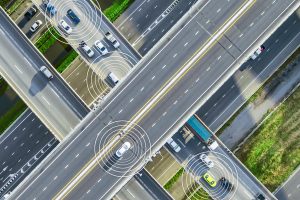 Aerial view of cars driving on a highway