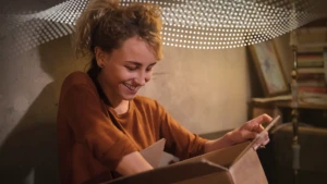 Woman smiles as she unpacks her online shopping order from a cardboard box in her living room.