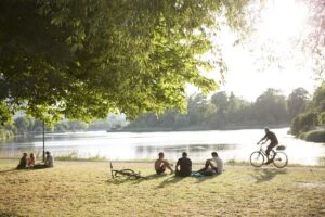 Two groups of 3 women and 3 men sitting in a park next to a lake. Also a man riding his bike along a path around the lake