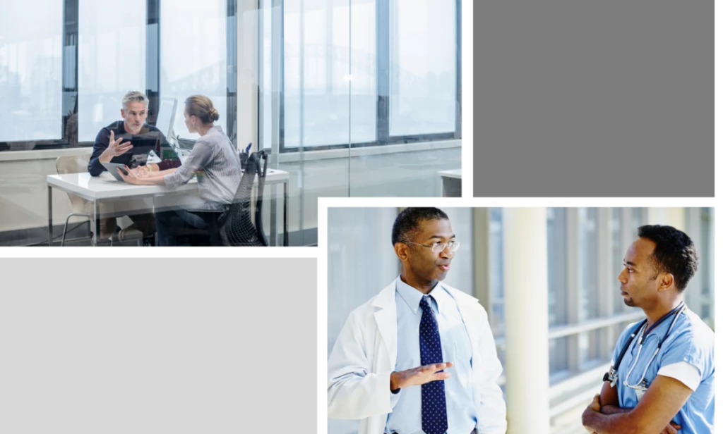 Two images - in one, two people discuss business at a table with a laptop in an office a wall of windows behind them. The other image is of two physicians having a conversation in a hospital corridor.