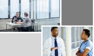 Two images - in one, two people discuss business at a table with a laptop in an office a wall of windows behind them. The other image is of two physicians having a conversation in a hospital corridor.
