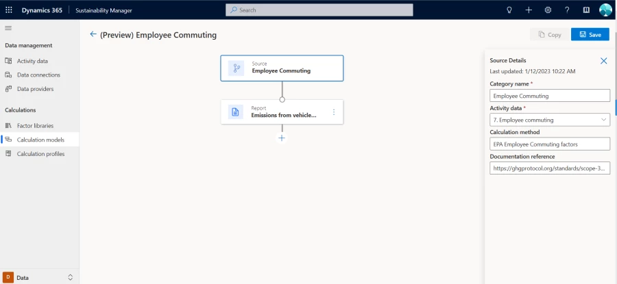User interface image showing commuting emissions tracking in Microsoft Sustainability Manager