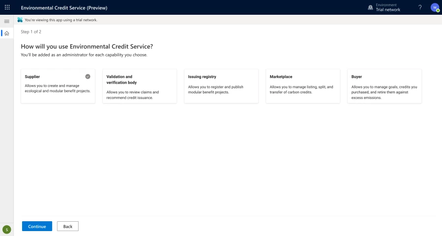 User interface image showing Environmental Credit Service Preview setup by role