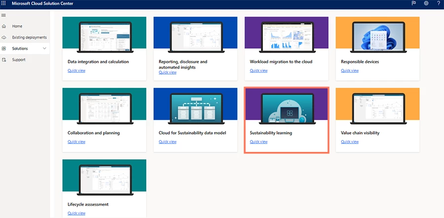 User interface image showing sustainability learning button in Microsoft Cloud Solution Center