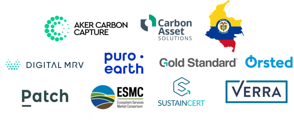 Aker Carbon Capture、Carbon Asset Solutions、ClimateCHECK、ESMC、Gold Standard、Ørsted、Patch、Puro.earth、SustainCERT、Verra ロゴ マーク