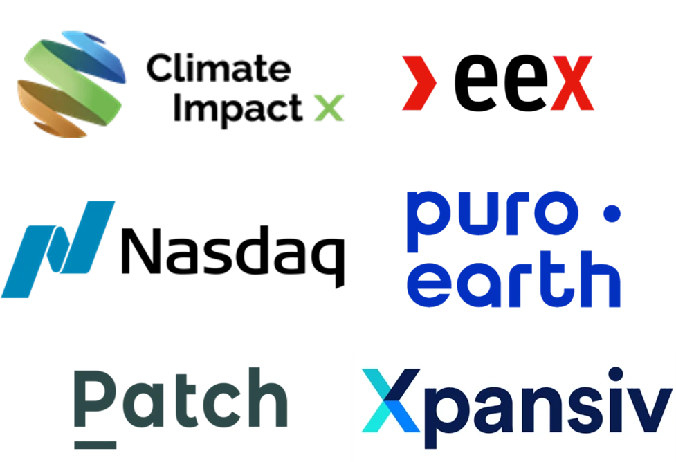 Climate Impact X、European Energy Exchange、Nasdaq、Patch、Puro.earth、Xpansiv ロゴ マーク