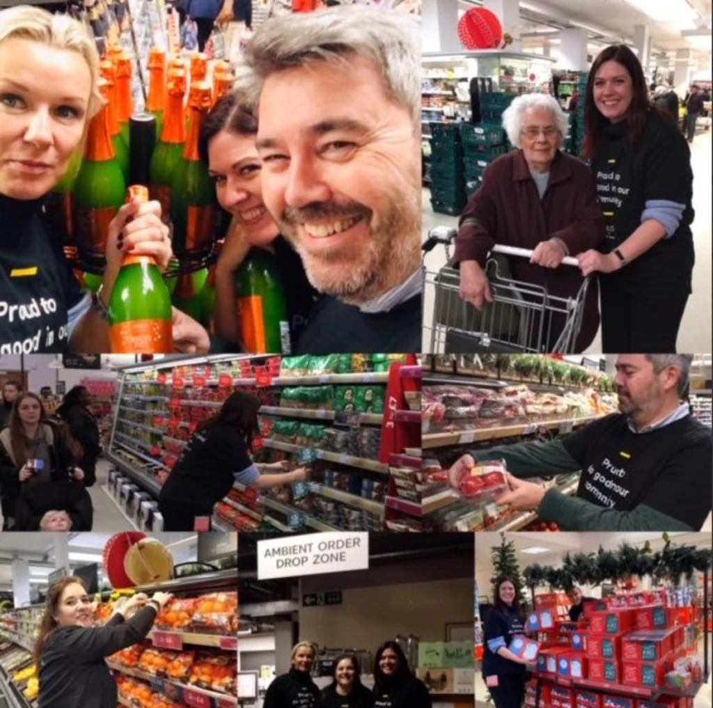 A collage of smiling people in Marks and Spencer grocery store