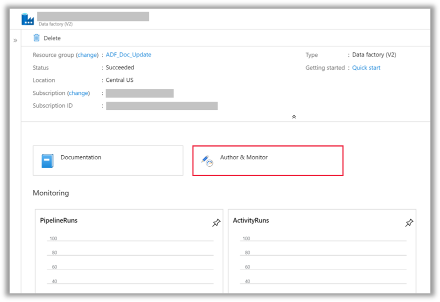 Within the Azure Portal, Select the Worker Data Factory and from the Overview slicer, select Author and Monitor.