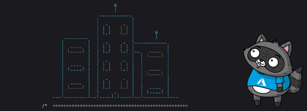 An ASCII image of a block of flats, next to an image of Bit the Raccoon.