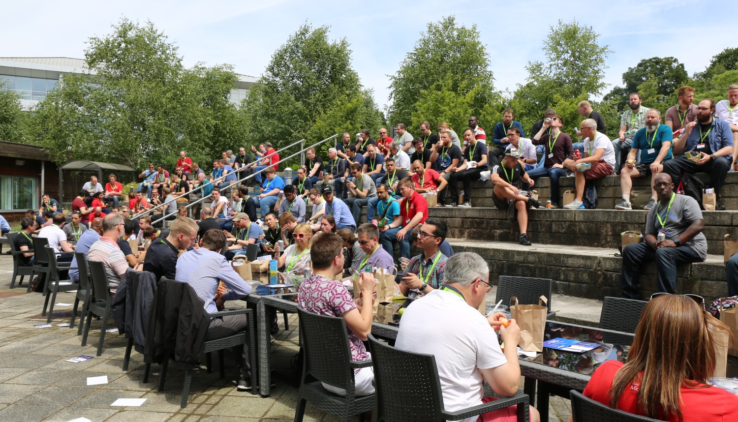 A photo of a large crowd outdoors eating lunch, taken at a previous DDD event.