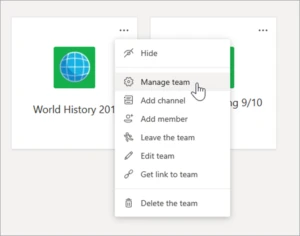 A screenshot of More Options for classes from Microsoft Teams