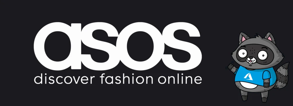 The ASOS logo, next to an illustration of Bit the Raccoon.