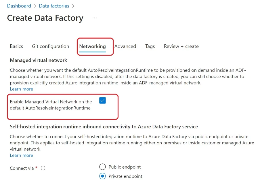 Enabling the Managed Virtual Network option in Data Factory