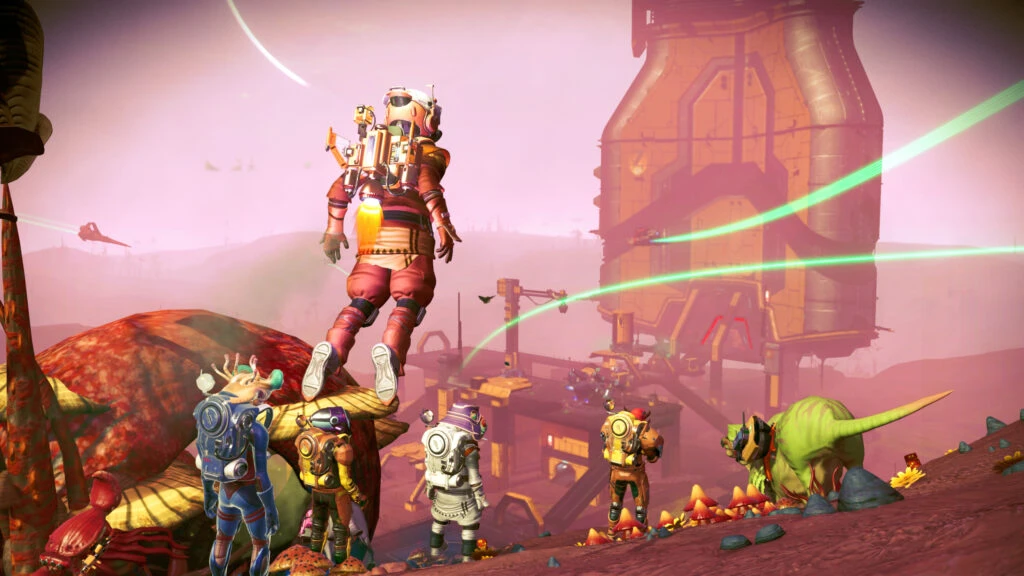 A screenshot from the No Man's Sky videogame showing a group of players exploring a planet.