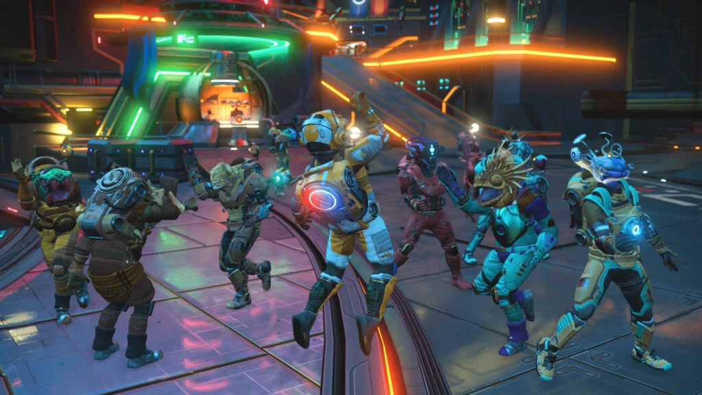 A screenshot from the No Man's Sky videogame showing numerous characters dancing.
