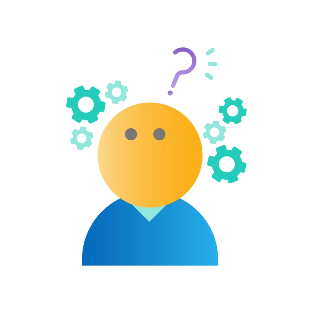 A graphic of a person with a question mark above their head and gears around them.