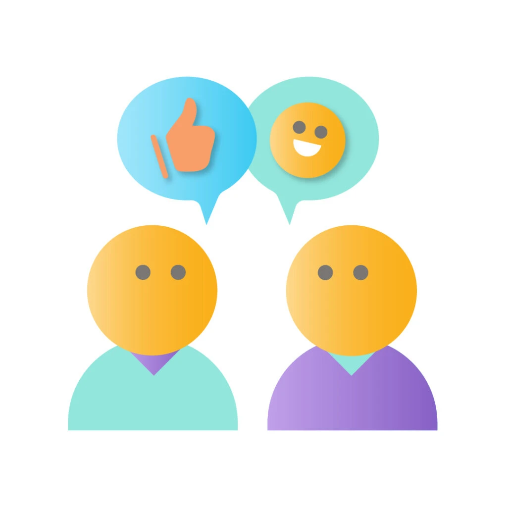 An graphic of two people talking. One has a speech bubble with a smiling face and the other a thumbs up.
