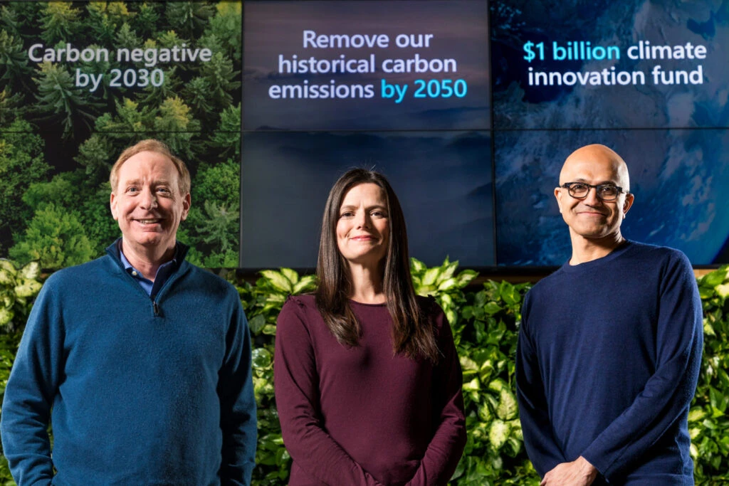 Microsoft President Brad Smith, Chief Financial Officer Amy Hood and CEO Satya Nadella preparing to announce Microsoft’s plan to be carbon negative by 2030.