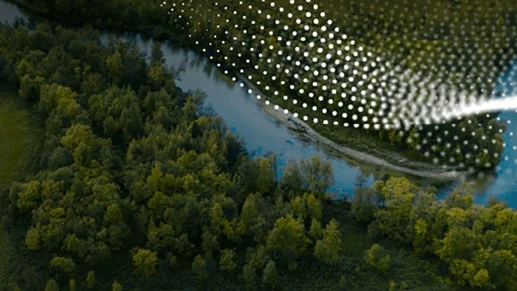 Trees and a river with a graphic of dots overlayed