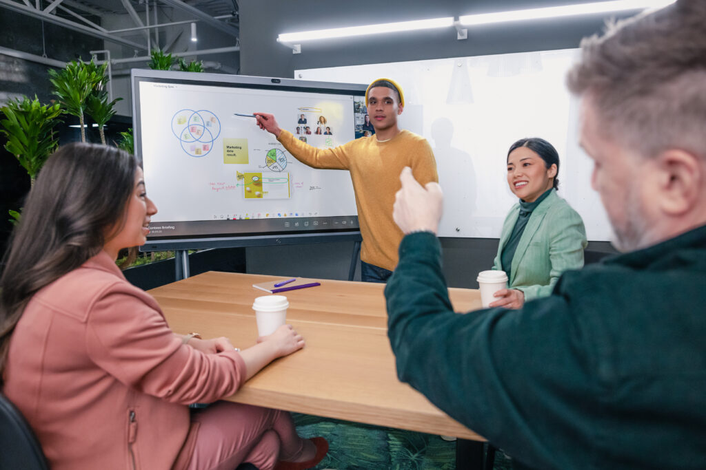 People together in the Conference Room, using Whiteboarding in a Teams meeting on Together mode on a Yealink Ideation Board.​
