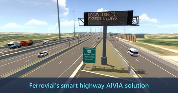 Illustration: Highway with a "Heavy traffic, expect delays" digital sign. Text: Ferrovial's smart highway AIVIA solution