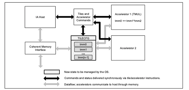 Here is the Intel AMX Architecture. A set of 2D register files called tiles representing sub-arrays of a larger 2D memory image and a set of accelerators called the tile multiplication unit (TMUL)  that operate on these tiles.