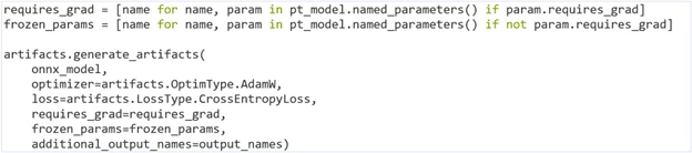 Example of the code for generating training artifacts from an ONNX model file.