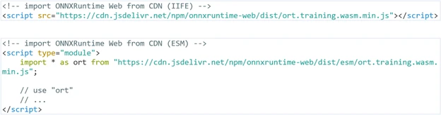Code examples of importing ORT Web with an HTML script tag.