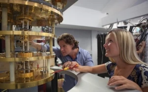 Microsoft researchers inspecting quantum computer