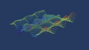 A navy blue image with colored dots resembling a wave