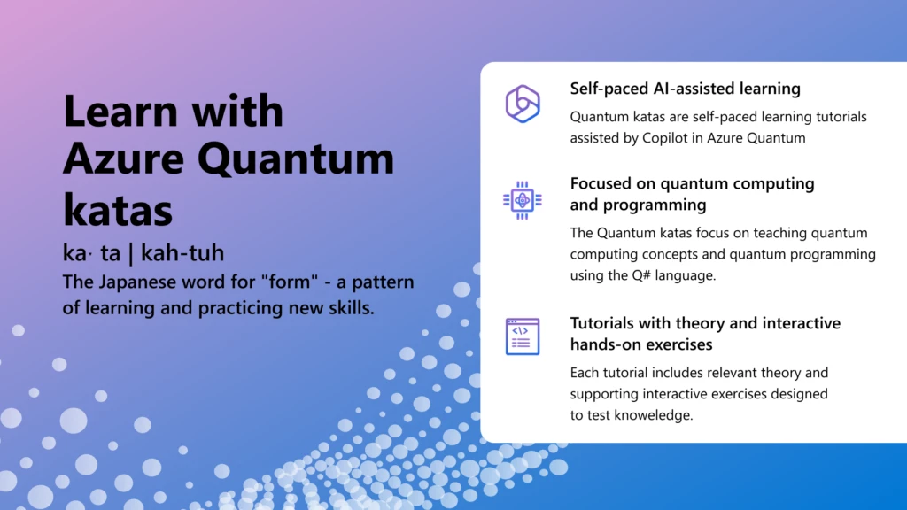 A blue and purple background with main benefits of the Azure Quantum Katas: tutorials with theory and interactive hand-on exercises with self-paced AI-assisted learning, focused on quantum computing and programming.