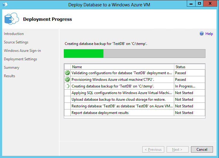 Deploy Database to a Windows Azure VM Deployment Progress