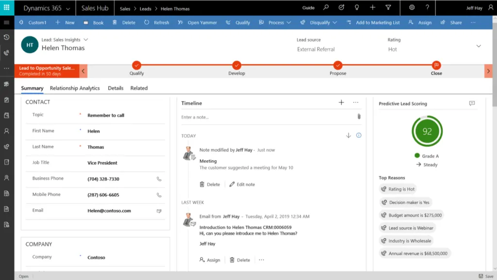 Predictive lead scoring feature in Dynamics 365 Sales Insights.