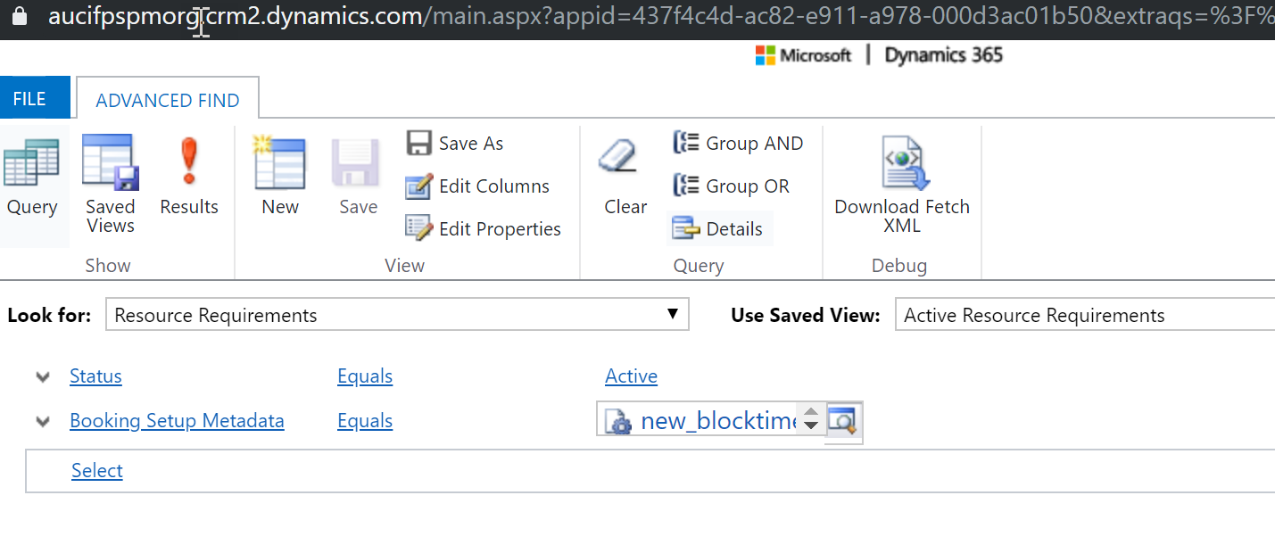 Creating a view on the resource requirement entity where booking setup metadata = "block time"