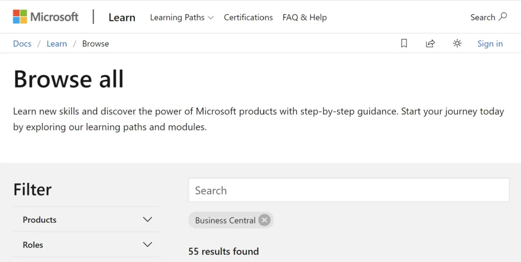 MS Learn filtered for Dynamics 365 Business Central