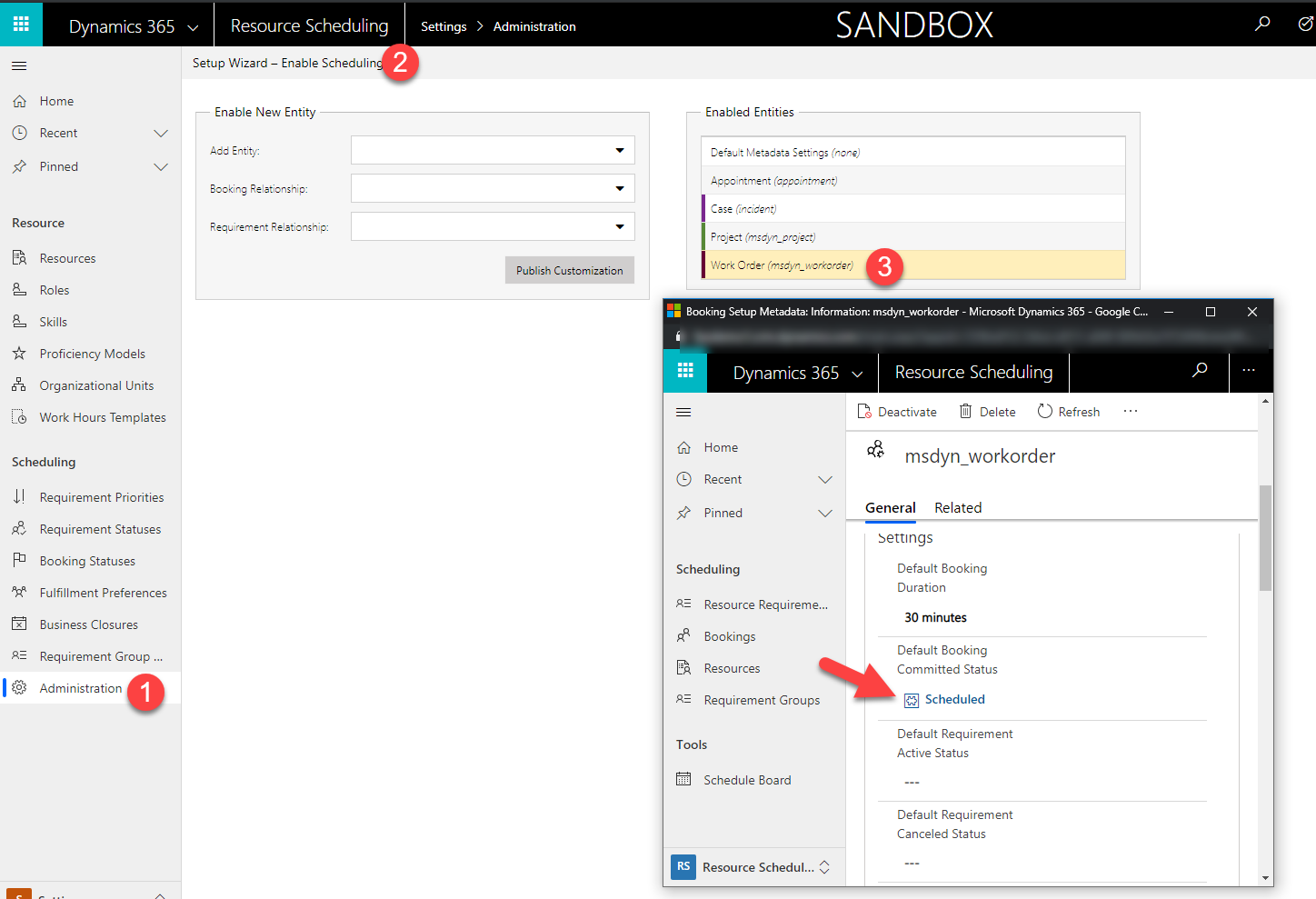 Showing how to navigate to "Resource Scheduling>"Settings">Administration>Enable Entities for Scheduling>Work Order, and seeing the default booking status is set to scheduled” width=”856″ height=”585″ data-orig-src=”https://cloudblogs.microsoft.com/wp-content/uploads/2019/09/Showing-default-committed-status2.png”></p>
<p>To learn more about booking statuses, check out the <a href=