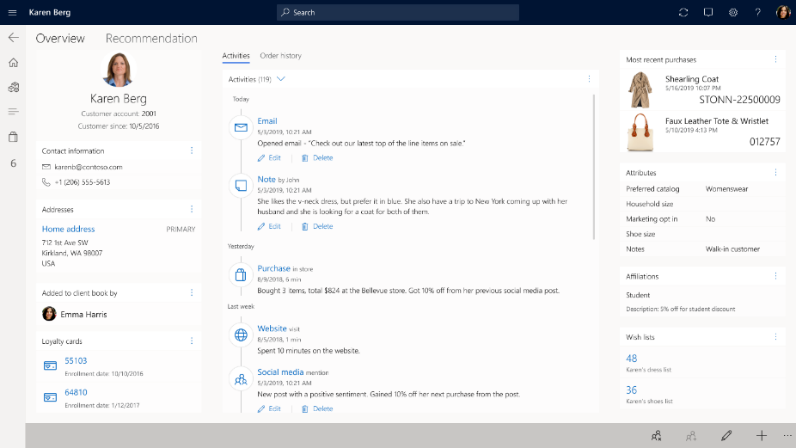 Dynamics 365 Commerce app profile of customer displaying their recent activity and recent purchases