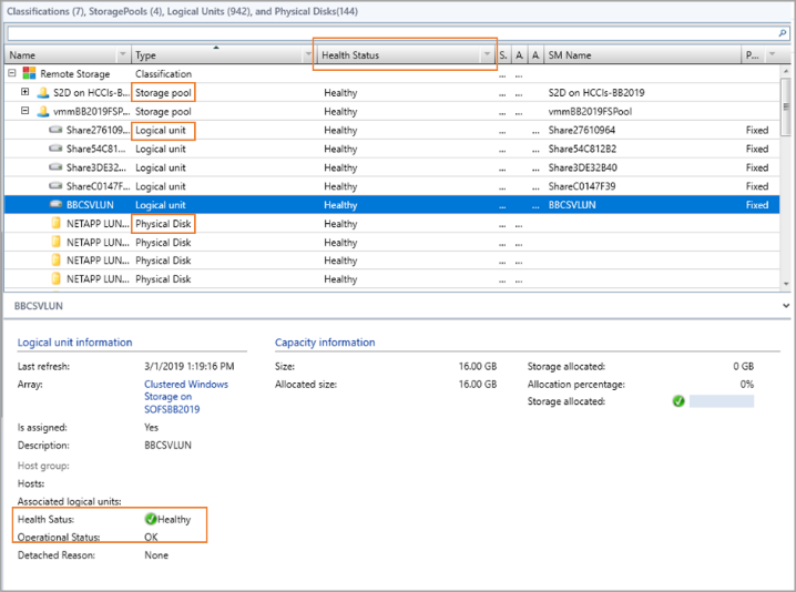 Storage Health in virtual machine manager