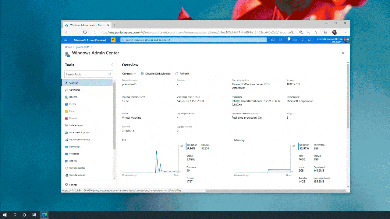 GIF of the Azure Virtual Machine’s screen in the Azure Portal where customer navigates through Windows Admin Center blade.