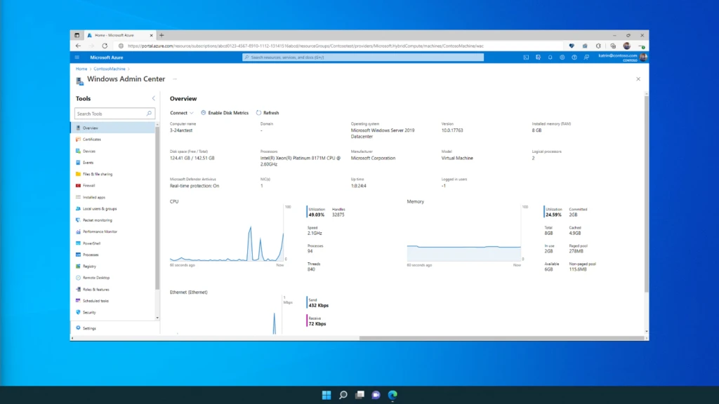 A screenshot of the Windows 11 user interface with the Azure portal open in the Microsoft Edge Browser. In the browser, we see the user interface of Windows Admin Center on the “Overview” page, managing an Azure Arc-enabled Windows Server machine. 