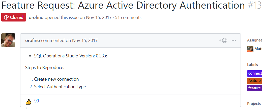 Screenshot of Feature Request for Azure Active Directory Authentication
