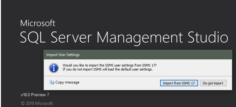 SQL Server Management Studio Import settings screen shot.
